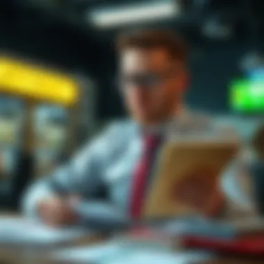 A confident individual studying betting strategies with a notepad and lottery materials.