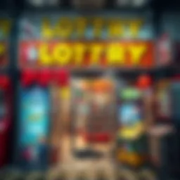 A vibrant lottery storefront showcasing various lottery tickets and promotional materials.