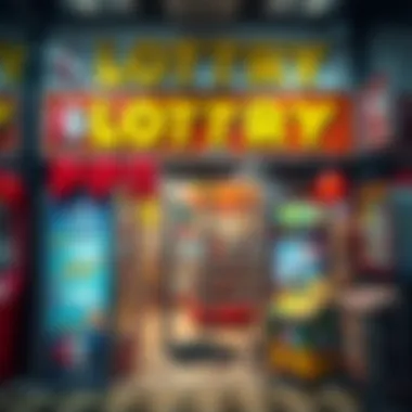 A vibrant lottery storefront showcasing various lottery tickets and promotional materials.