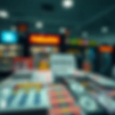 An array of lottery tickets displayed on a counter